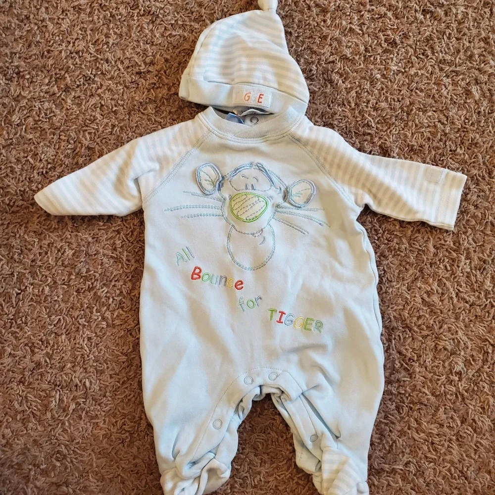 Vintage Disney Tigger Baby sleeper Hat Set 0-3 Months footed Blue Striped Cotton